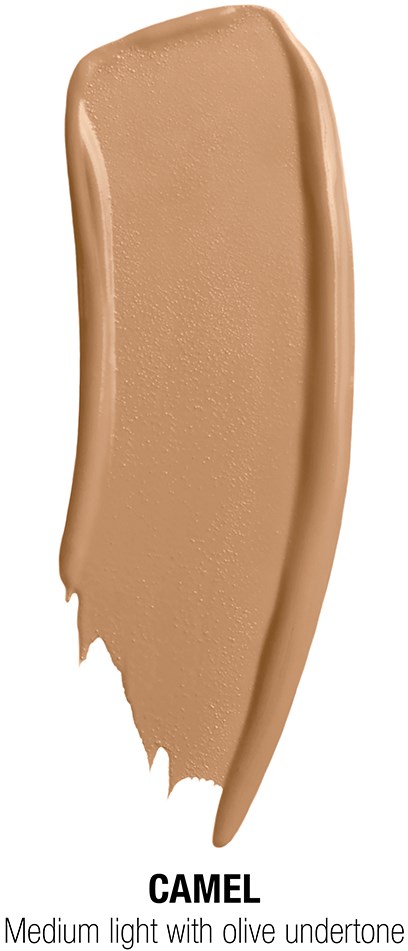 A smear of beige-colored makeup or foundation called Camel, with a smooth texture and medium light shade.