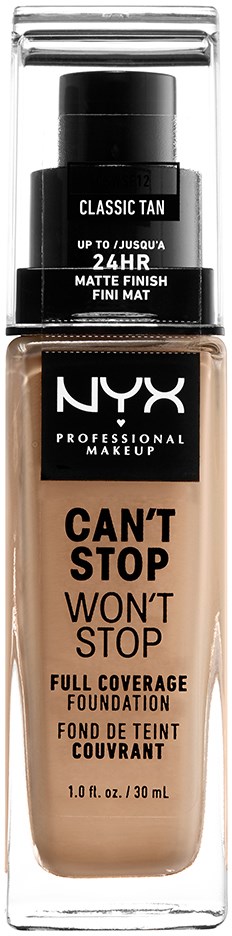 A bottle of NYX foundation with a pump, labeled "Can't Stop Won't Stop" and describing full coverage and matte finish.