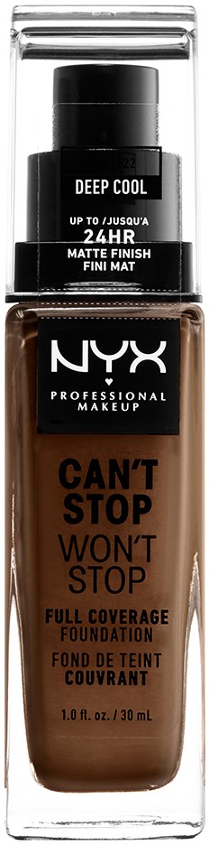 A bottle of NYX foundation labeled 'Can't Stop Won't Stop' with a black cap and a clear bottle showing brown makeup.