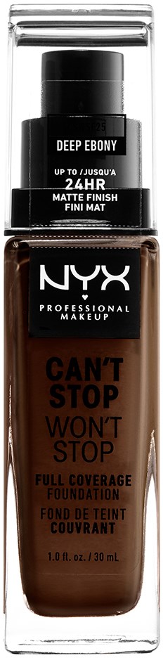 A bottle of NYX foundation in deep ebony color with black cap, labeled as full coverage, matte finish, and 24-hour wear.