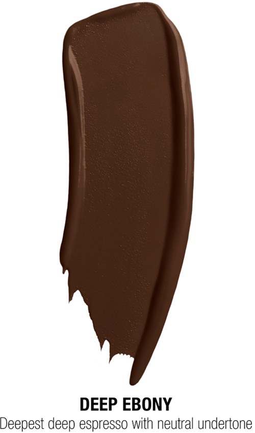 A chocolate smear shaped in a curved line with a label that says 'Deep Ebony' and describes a coffee color.