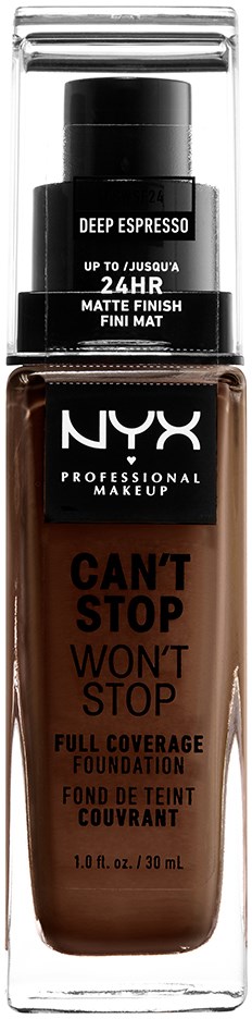 A bottle of NYX foundation labeled 'Can't Stop Won't Stop' with a black cap and box, designed for full coverage.