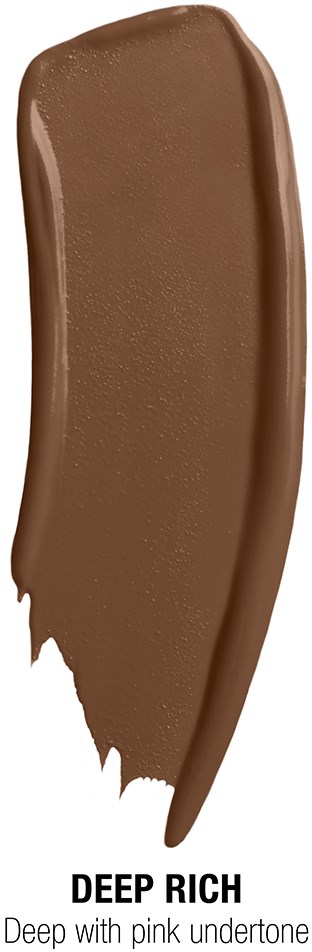 A large, curved, smooth bar of milk chocolate with a shiny surface, labeled 'Deep Rich' and 'Deep with pink undertone.'