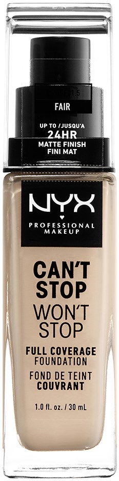 A bottle of NYX foundation with a black cap and white label, says 'Can't Stop Won't Stop' for full coverage.