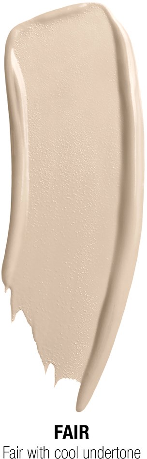 A creamy beige makeup swatch with a smooth texture and slight shine. Labeled 'Fair' for skin tone. Clean background.