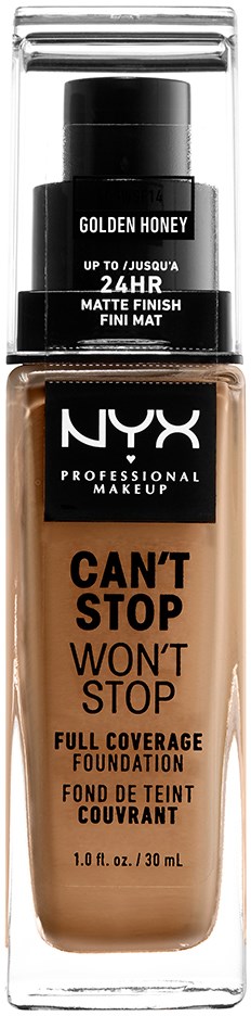 En flaska av NYX foundation med märket 'Can't Stop Won't Stop' i ett tydligt fall med svart, brunt och vitt.