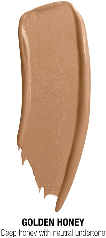En provbit av beige foundation med etiketten "Golden Honey", visar en slät, krämig konsistens.