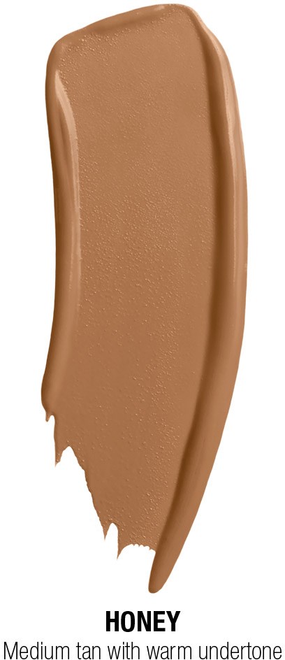 A swatch of medium tan colored foundation with the word 'HONEY' and description of warm undertone.