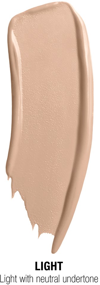Ett beige-aktigt fundamentstift med en lätt böjd form, märkt 'LIGHT' för ljus hudton.