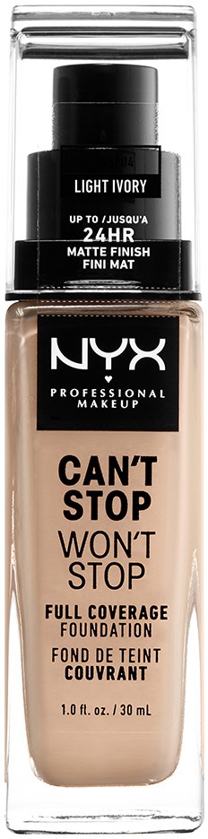 En flaska med NYX foundation märkt 'Can't Stop Won't Stop' i ljus kritfärg, med full täckning för smink.