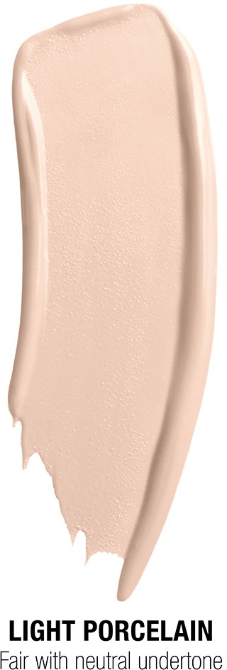 A vertical swatch of light-colored foundation named "Light Porcelain" with smooth texture and a small amount at bottom.