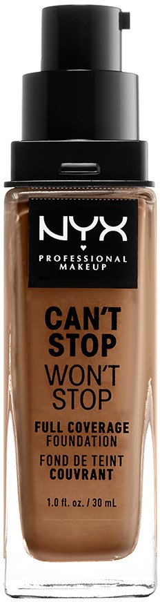 A bottle of NYX foundation labeled 'Can't Stop Won't Stop' with full coverage. It has a pump dispenser and is in a glass bottle.