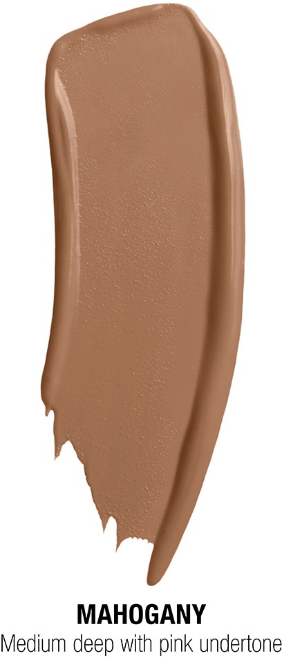 A thick, curved swatch of medium brown makeup with a pink undertone. Label says "Mahogany."