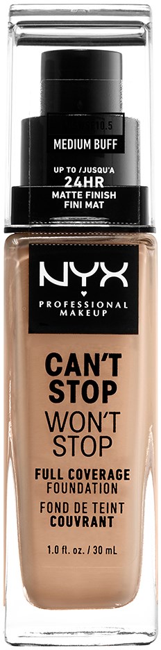 A bottle of NYX foundation labeled as full coverage, matte finish, medium buff shade, with a black cap.