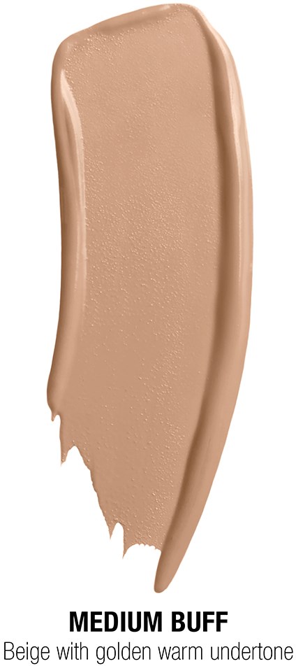 A beige makeup swatch labeled "Medium Buff" with a warm undertone.