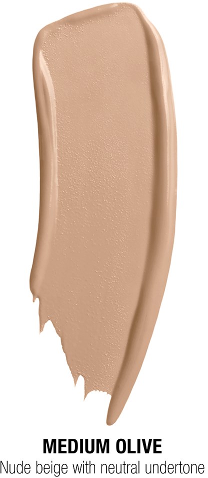 A smear of medium beige foundation with a smooth texture and slight shine.