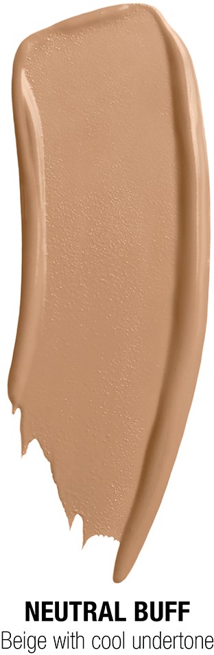 A swatch of beige makeup with a label saying 'NEUTRAL BUFF'.