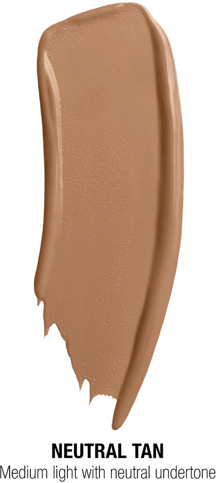 A swatch of medium tan makeup with a neutral undertone, shaped like a brush stroke.