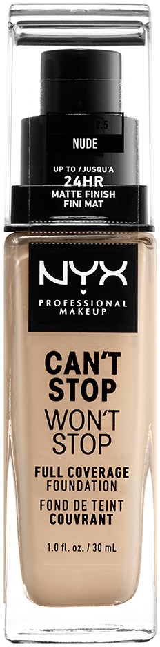 A bottle of NYX foundation labeled 'Can't Stop Won't Stop' in beige color with black and clear cap.