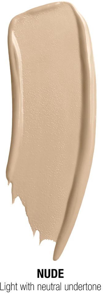 A beige makeup product with a smooth surface and curved shape, labeled "NUDE" with light, natural color.