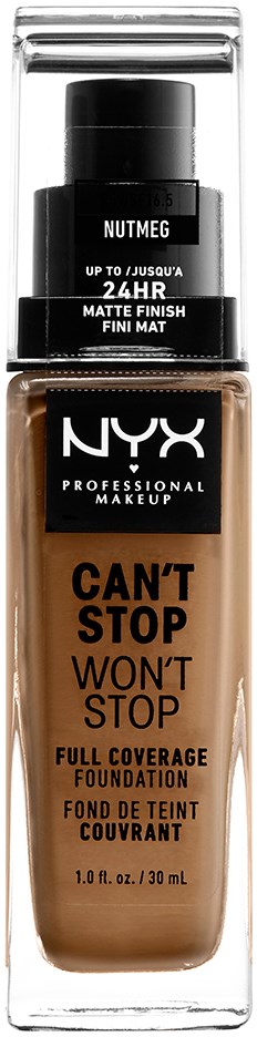 A bottle of NYX foundation with black, white, and brown colors, indicating full coverage and long-lasting makeup.