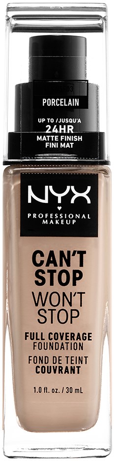 A bottle of NYX foundation with black and clear packaging, labeled 'Can't Stop Won't Stop,' for full coverage.