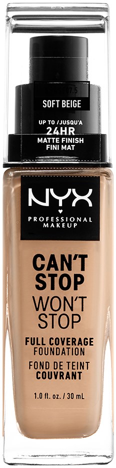 En flaska foundation från NYX märkta 'Can't Stop Won't Stop' med beige färg och svart lock.