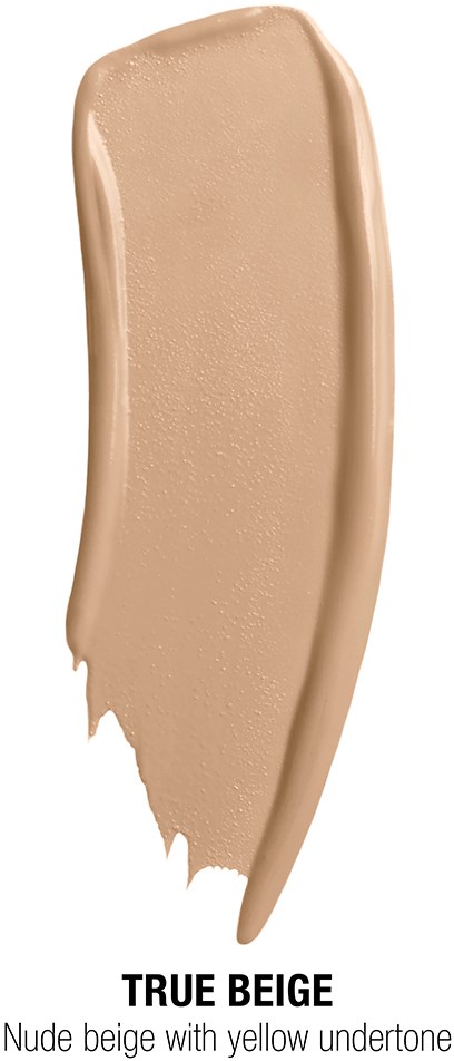 En blandning av beige smink med gul underton, märkt 'True Beige', på en vertikal randbakgrund.