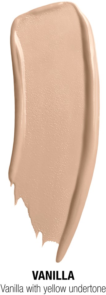 Ett beige flytande prov med slät yta och lätt glans, märkt 'Vanilj' med gul underton.