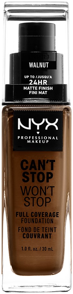 A bottle of NYX foundation called 'Can't Stop Won't Stop' in walnut shade, with black cap and clear packaging.