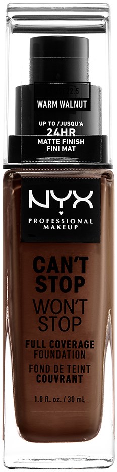 A bottle of NYX foundation with a warm walnut color, labeled as full coverage and long-lasting, 1 oz size.