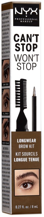 En NYX ögonbrynsset box med bilder av ögon och verktyg, marknadsför hållbart ögonbrynsmakeup.