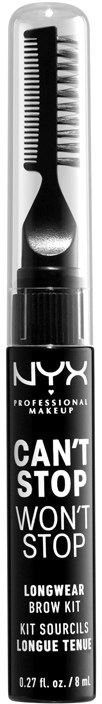 En tydlig rör med en svart spole inuti, märkt NYX, för brynvård, kallad 'Can't Stop Won't Stop Longwear Brow Kit.'