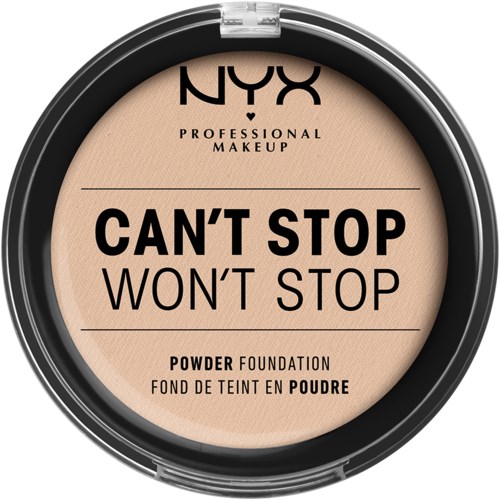 NYX Professional Makeup-logotyp med sloganen "Can't Stop Won't Stop" på en beige pudergrund.