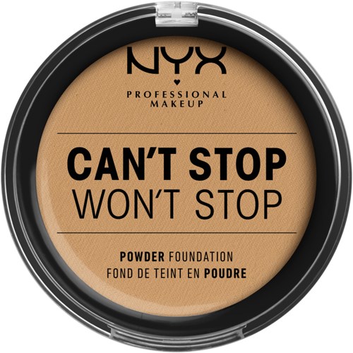 NYX puderfoundationsstift med de starka orden: "CAN'T STOP WON'T STOP" och detaljer om makeupprodukt.