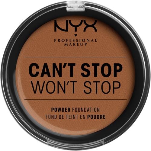 En rund kompakt av NYX puderfoundation med svart text och en brun nyans inuti.