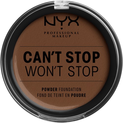 NYX professional makeup powder foundation with bold 'Can't Stop Won't Stop' text on brown background.