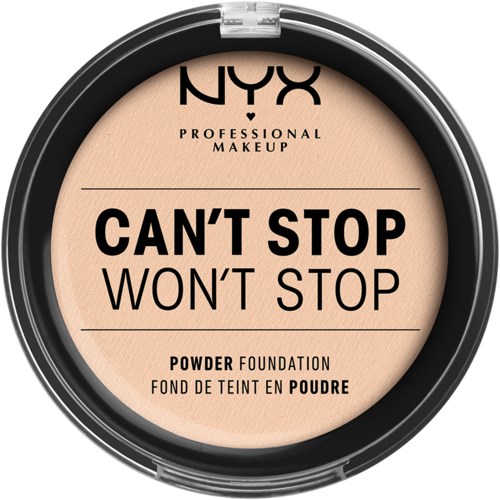 En rund NYX-kompakt med beige puder, fet svart text 'CAN'T STOP WON'T STOP' och produktdetaljer.