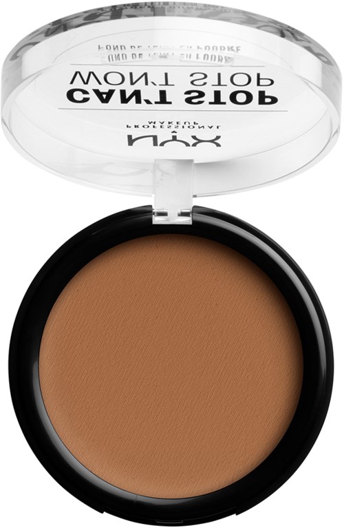 Een ronde make-upcompact met bruin make-up en een doorzichtig deksel met zwarte tekst.