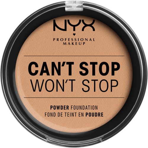Fet tekst på kompakt makeupbeholder siger, "Can't Stop Won't Stop" til NYX pudderfundament.