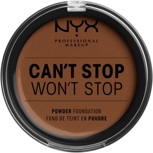 Varumärke NYX Professional Makeup puderfoundations med fet text: Can't Stop Won't Stop.
