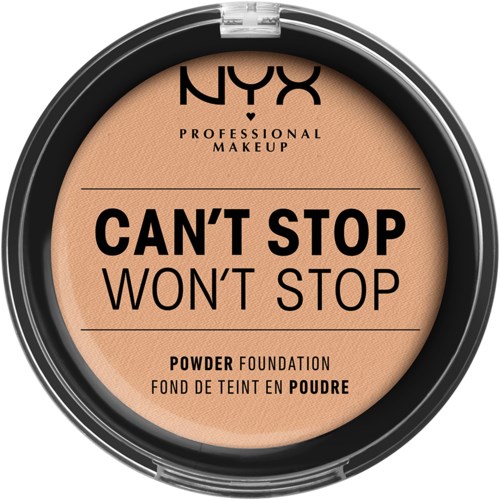 En lille NYX professionel makeup-pudderbeholder med beigefarvet nuance og fed sort tekst på låget.