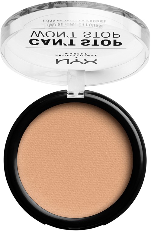 Åben compact med beige pudder og gennemsigtigt låg med tekst.
