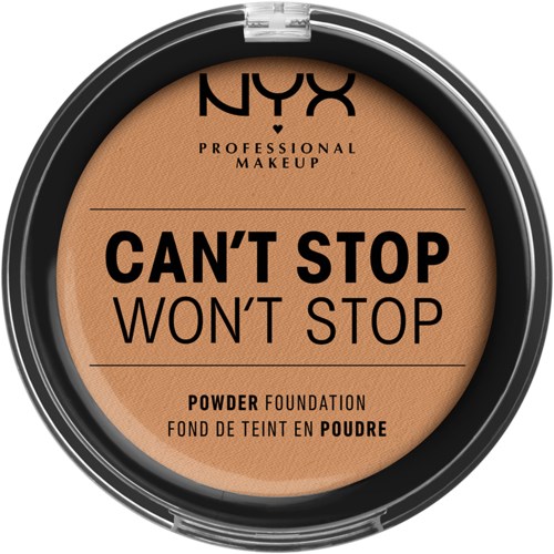 En NYX professionell sminkkompakt med ett puder grundat märkt "CAN'T STOP WON'T STOP."