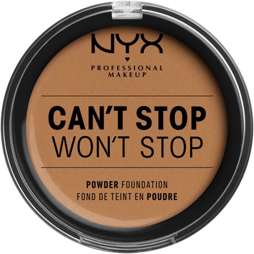 Ett runt smyckebox från NYX med beige puder och svart text som säger "Can't Stop Won't Stop."