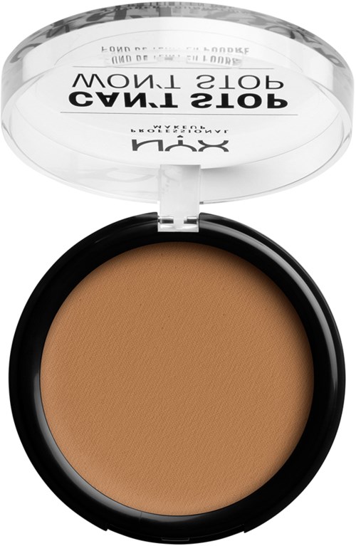 En kompakt med genomskinligt lock som innehåller beige puder- eller foundationmakeup.