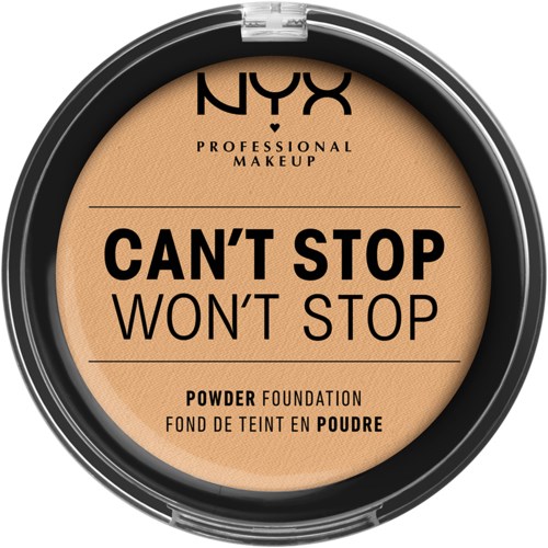 A round makeup container labeled 'NYX Professional Makeup,' highlighting 'Can't Stop Won't Stop' powder foundation.