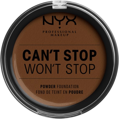 NYX puderfoundations i en runt kompakt, med bruna och svarta texter på locket.