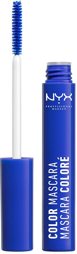Blå mascara-rör och borste med vit handtag, öppet för att visa blå mascara.
