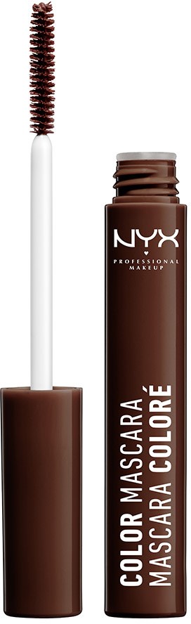 Ett brunt NYX-mascarahölje med en borste, märkt 'Color Mascara' för färgsmink.